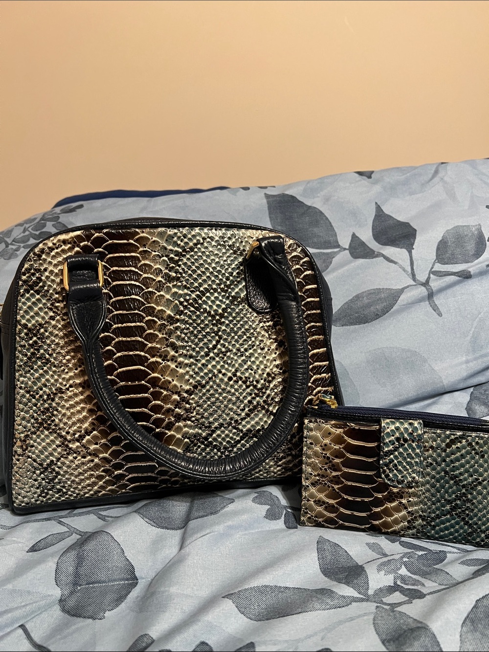 Snake-Embossed Dome Satchel with Matching Wallet - Black/Tan/Blue